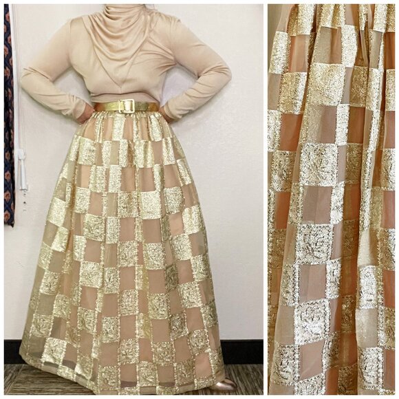 Vintage 70s Metallic Gold Check High Neck Cowl Modest Long Sleeve Gown - Picture 1 of 16